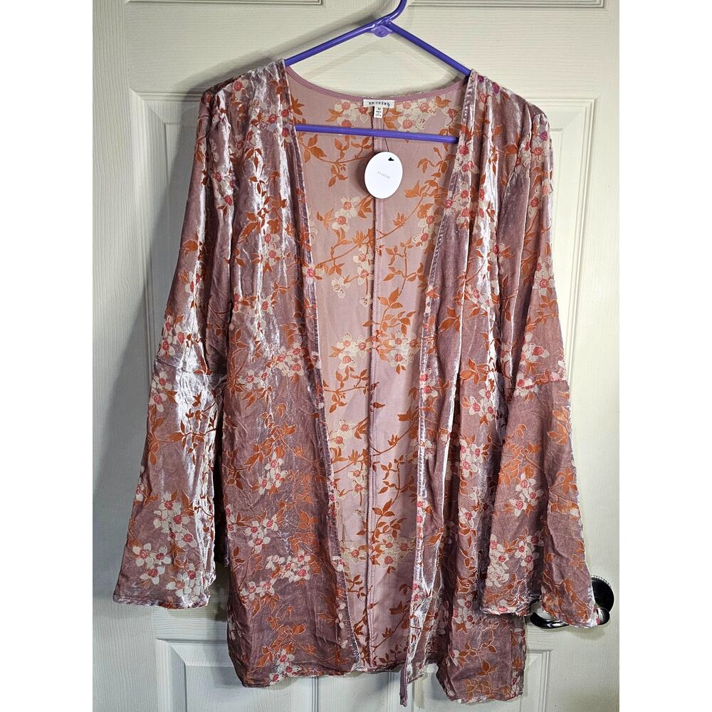 En Creme Crushed Velvet Pink Orange Kimono Cardigan Flare Sleeve Women's M - Picture 3 of 6